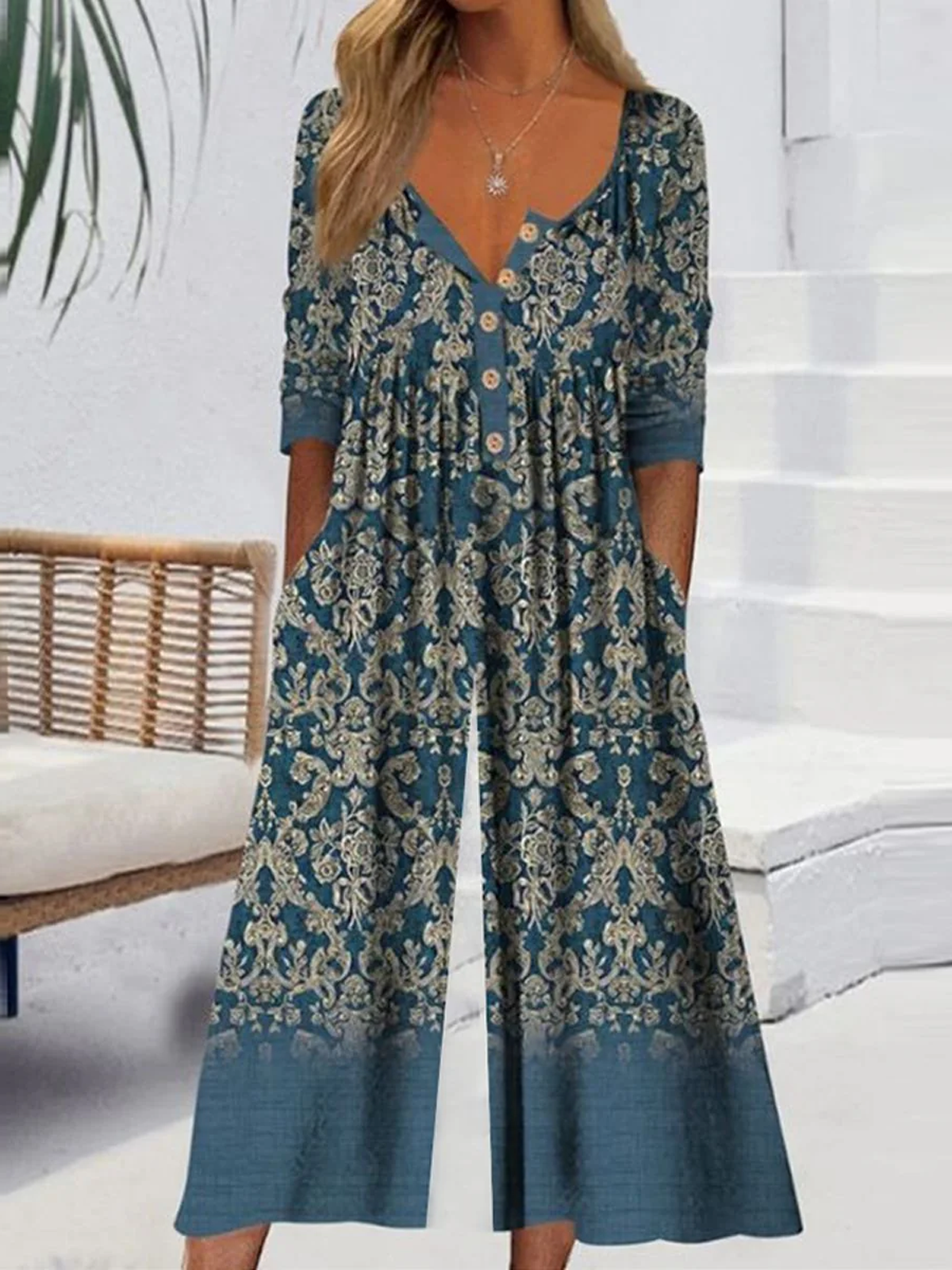 Loose V Neck Three Quarter Sleeve Ethnic Casual Long Jumpsuit