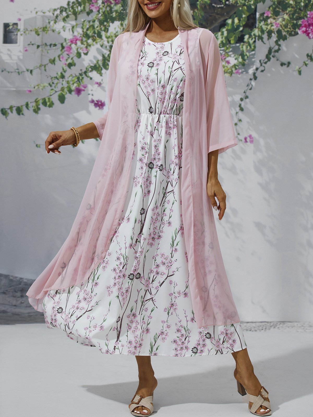 Casual Three Quarter Sleeve Crew Neck Floral Loose Maxi Dress