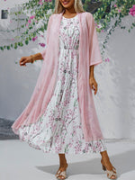 Casual Three Quarter Sleeve Crew Neck Floral Loose Maxi Dress