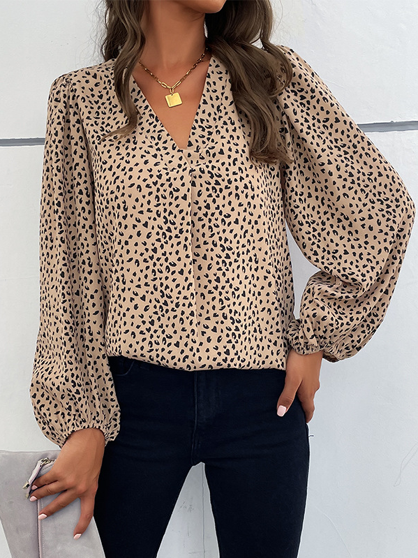 Casual Long Sleeve V Neck Leopard Loose Regular Blouse