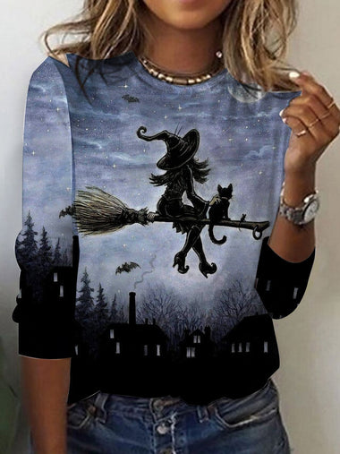 Vintage Long Sleeve Crew Neck Halloween Loose Regular T-Shirt