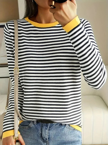 Casual Long Sleeve Crew Neck Striped Loose Regular T-Shirt