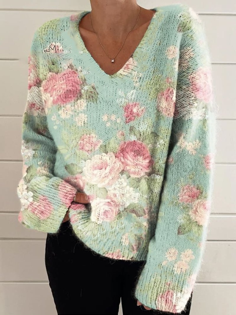 Loose Long Sleeve V Neck Floral Printing Casual Regular Blouse