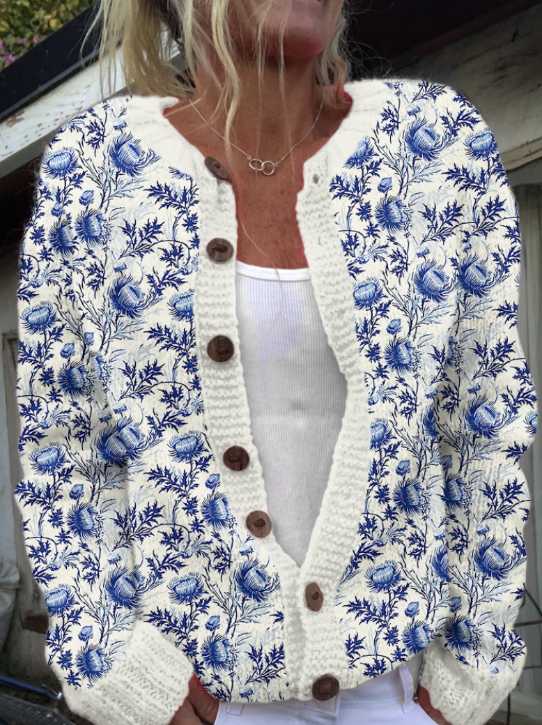 Loose Stand Collar Long Sleeve Floral Casual Regular Cardigan