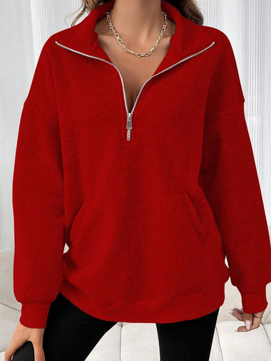 Loose Long Sleeve Shawl Collar Plain Zipper Casual Mid-Long Sweatshirt