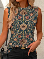 Casual Sleeveless Crew Neck Ethnic Loose Regular Tank Top