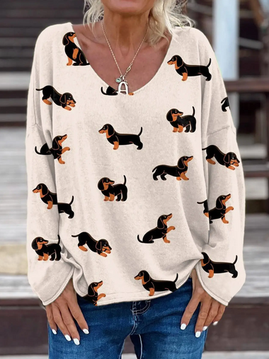 Loose Long Sleeve V Neck Animal Vintage Regular T-Shirt