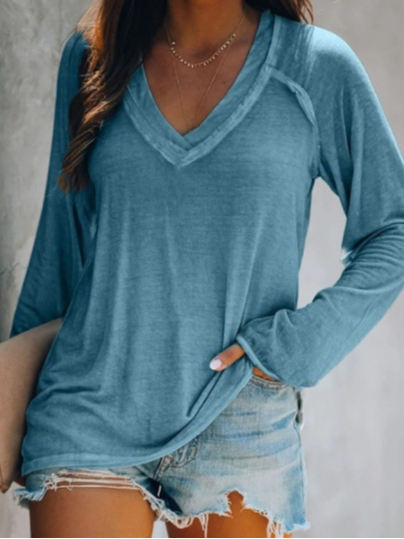 Casual Long Sleeve V Neck Plain Zipper Loose Mid-Long Blouse