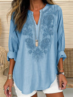 Loose Long Sleeve V Neck Plain Embroidery Casual Regular Blouse