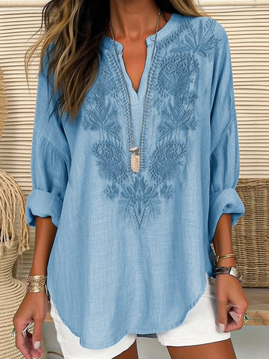 Loose Long Sleeve V Neck Plain Embroidery Casual Regular Blouse