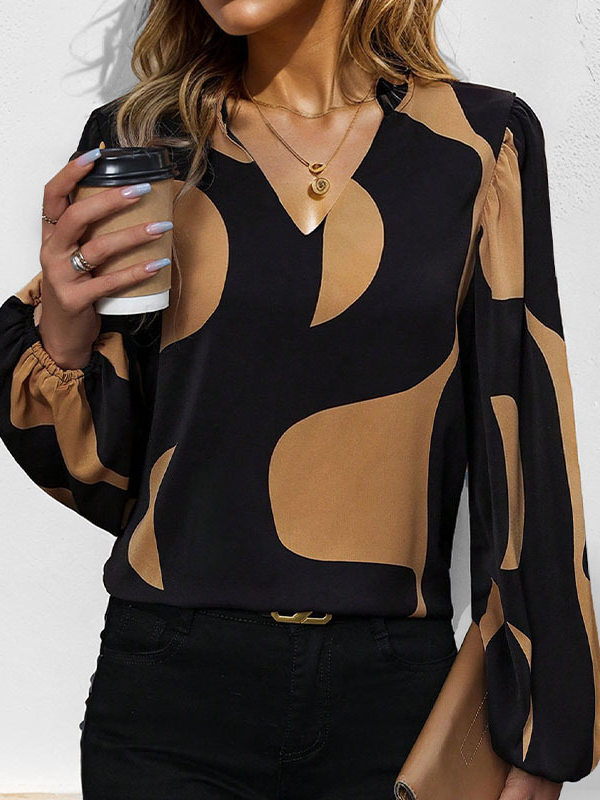 Casual Long Sleeve V Neck Geometric Loose Regular Blouse