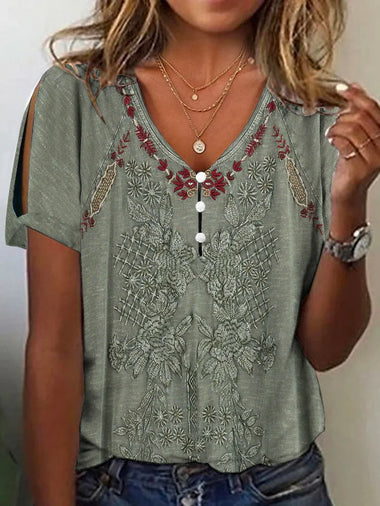 Loose Short Sleeve V Neck Ethnic Casual Regular Blouse