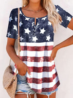 Loose Short Sleeve Notched America Flag Casual Mid-Long T-Shirt