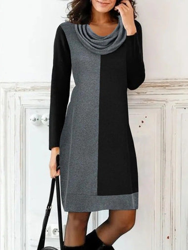 Casual Long Sleeve Turtleneck Color Block Loose Short Dress