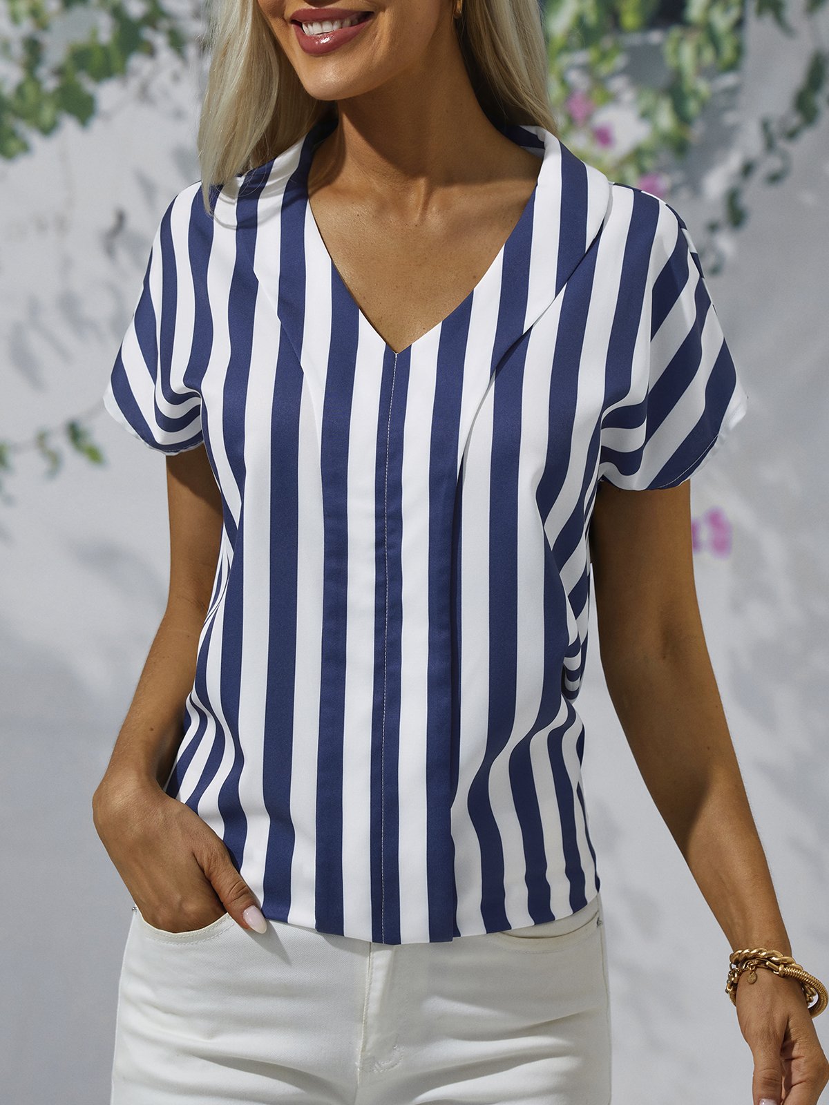 Loose Short Sleeve V Neck Striped Casual Regular Blouse