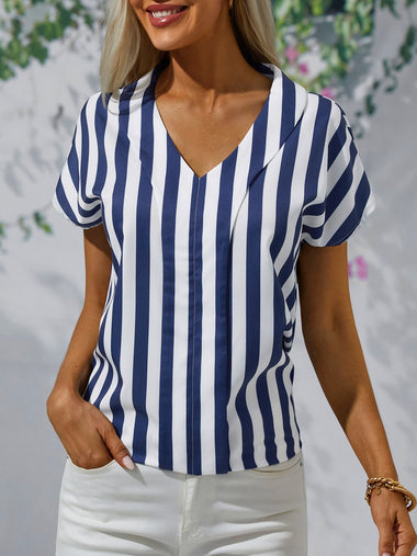 Loose Short Sleeve V Neck Striped Casual Regular Blouse