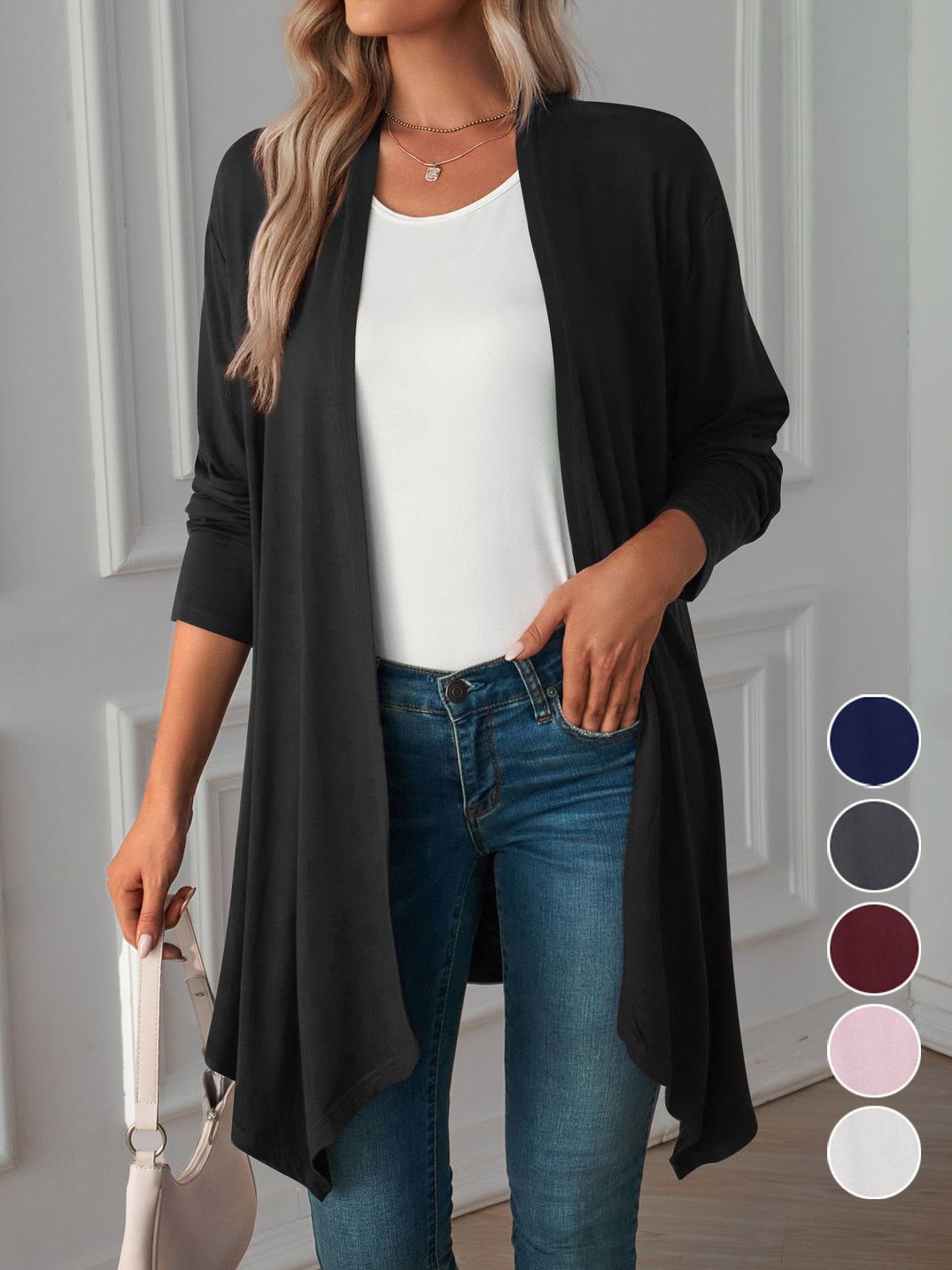 Loose V Neck Long Sleeve Plain Casual Mid-Long Cardigan