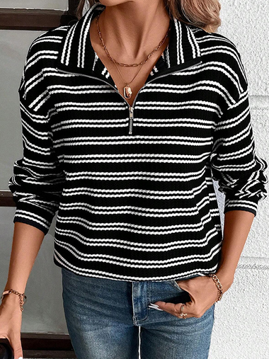 Casual Long Sleeve Shawl Collar Striped Zipper Regular Sweatshirt