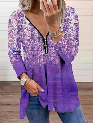 Casual Long Sleeve V Neck Floral Zipper Loose Mid-Long Blouse