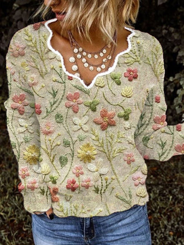 Casual Long Sleeve V Neck Floral Loose Regular Blouse