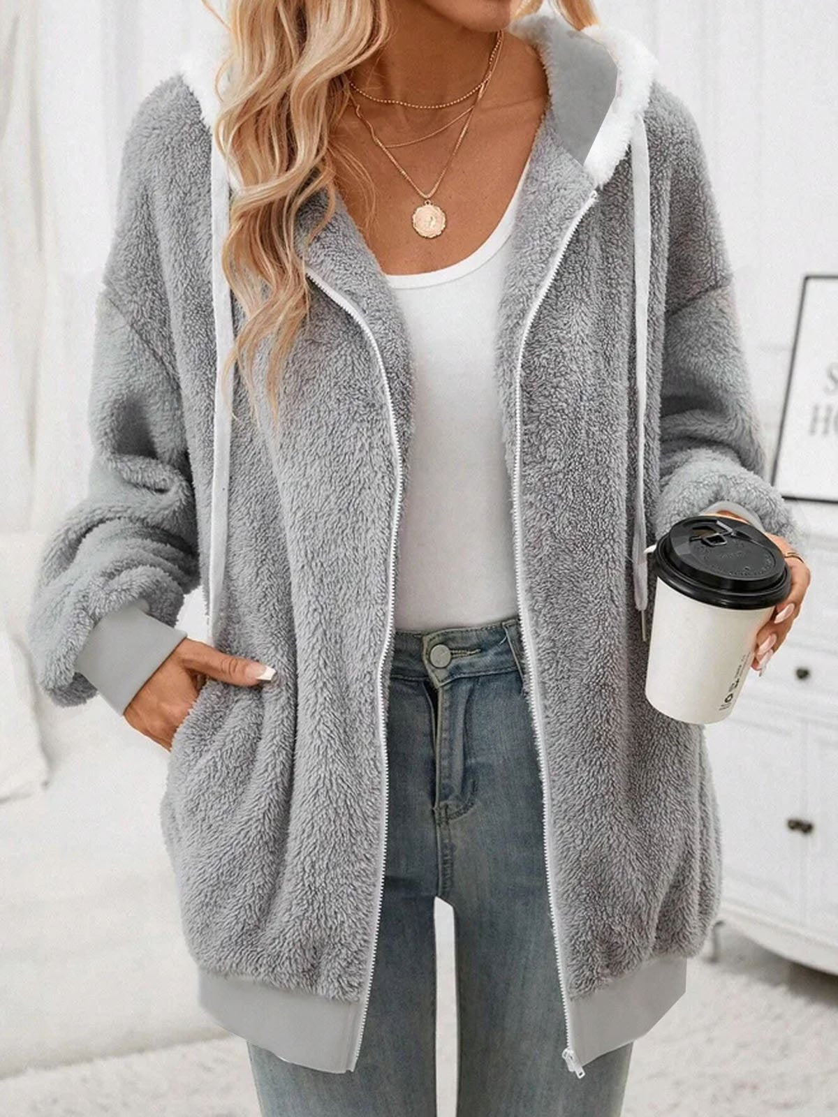 Loose Hoodie Long Sleeve Plain Zipper Casual Regular Coat