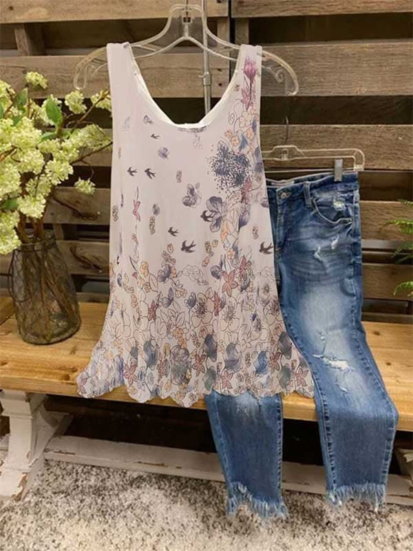 Sleeveless Crew Neck Floral Casual Regular Tank Top