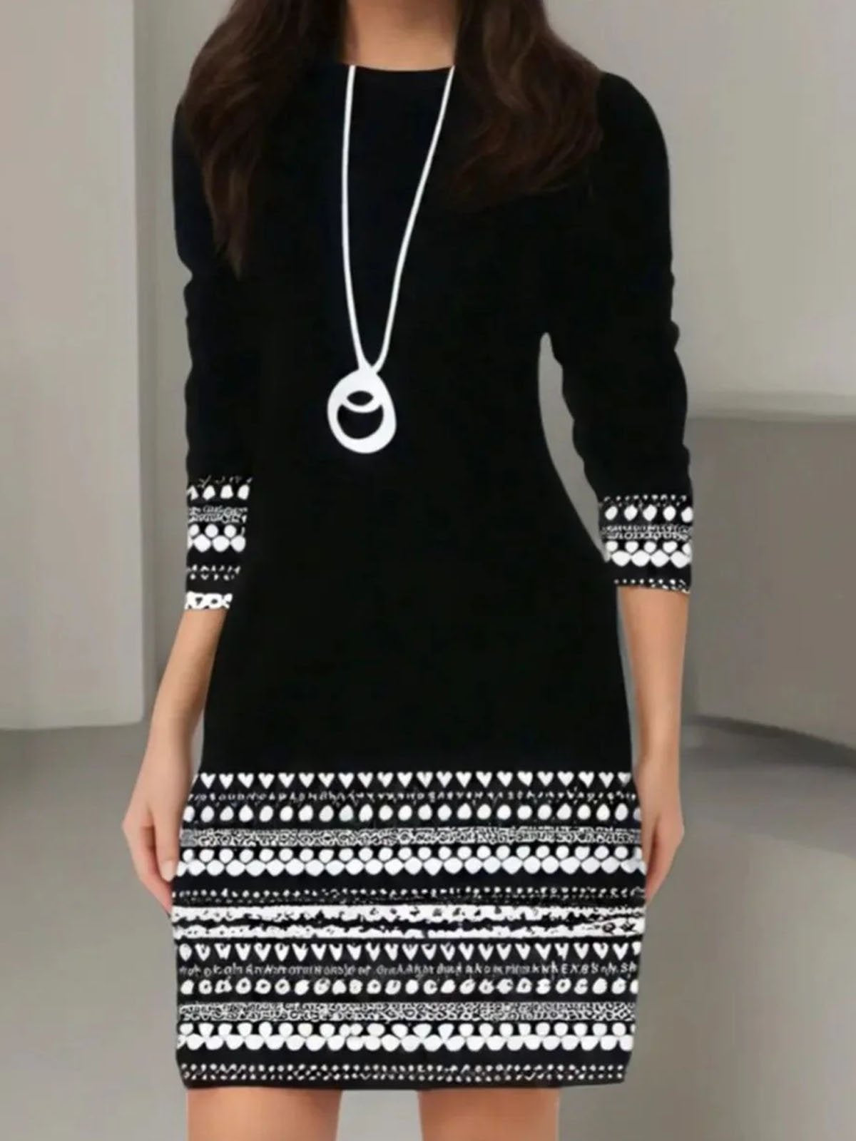 Casual Long Sleeve Crew Neck Geometric Short Dress