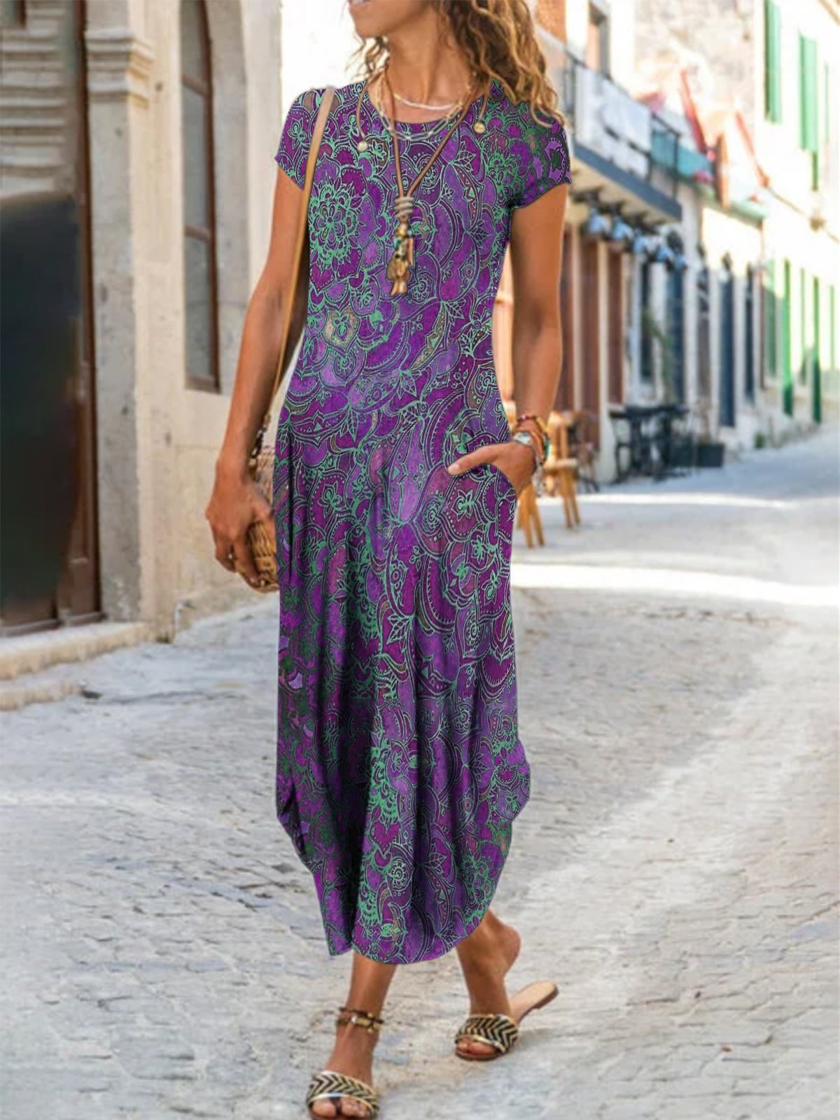 Casual Short Sleeve Crew Neck Ethnic Loose Maxi Dress