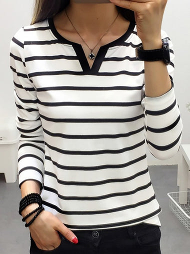 Loose Long Sleeve Notched Striped Casual Regular T-Shirt