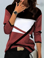 Loose Long Sleeve Crew Neck Color Block Casual Regular T-Shirt