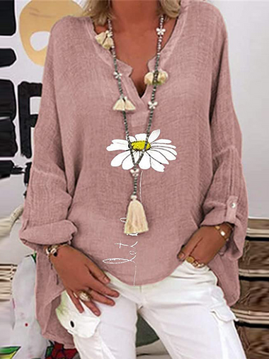 Casual Long Sleeve V Neck Daisy Loose Mid-Long Blouse