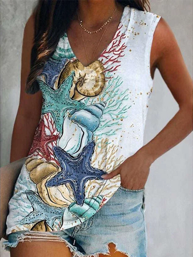 Loose Sleeveless V Neck Ocean Pattern Casual Regular Tank Top