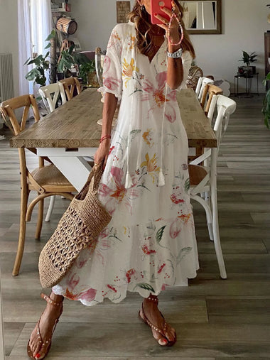 Casual Short Sleeve V Neck Floral Loose Maxi Dress