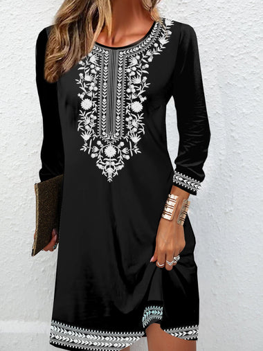 Casual Long Sleeve Crew Neck Ethnic Loose Short Dress