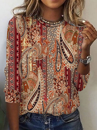 Vintage Long Sleeve Crew Neck Paisley Loose Regular T-Shirt