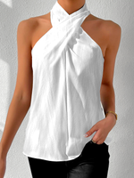 Casual Sleeveless Halter Plain Cross Loose Regular Tank Top