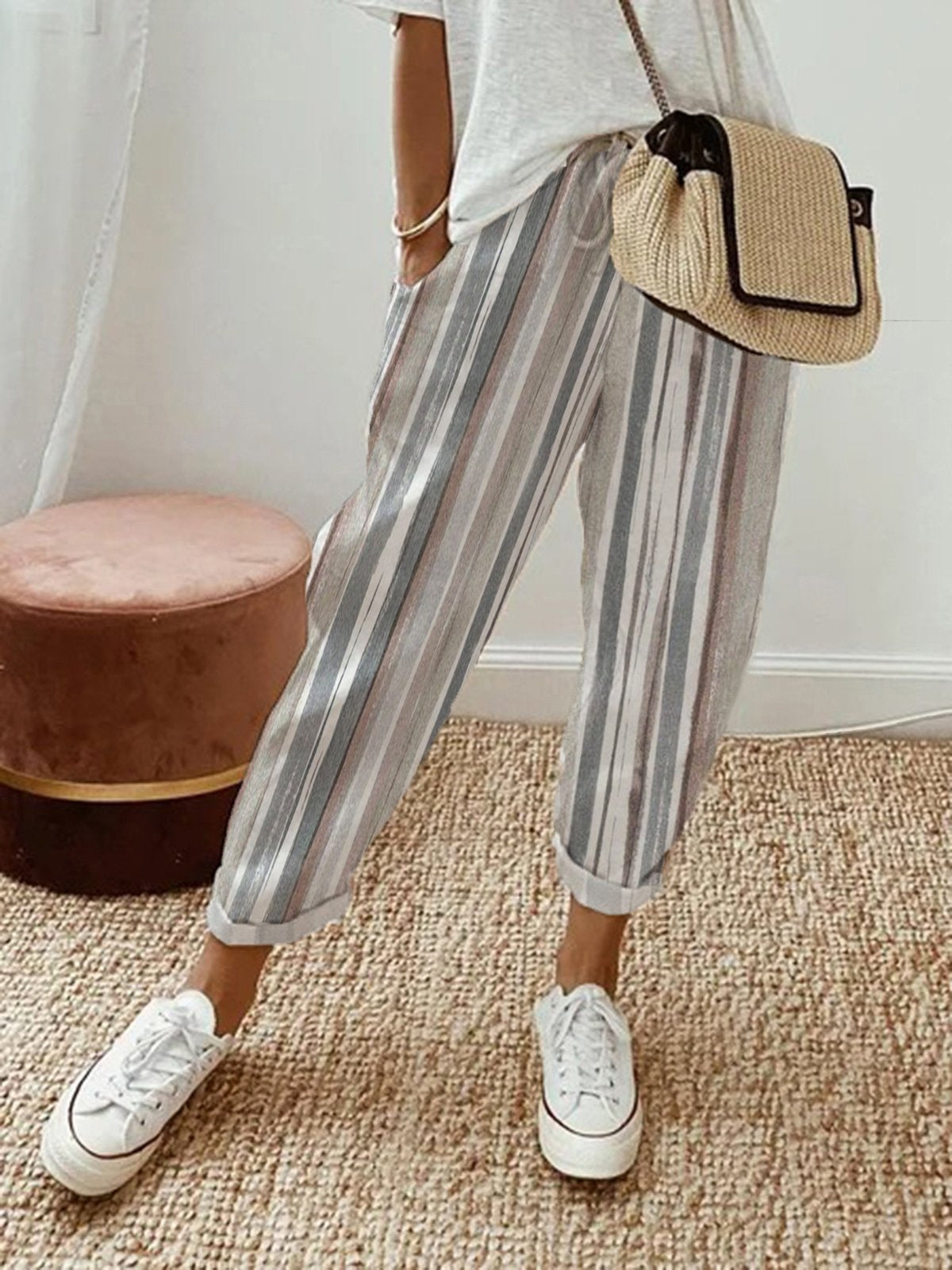 Casual Striped Pocket Stitching Loose Long Pants