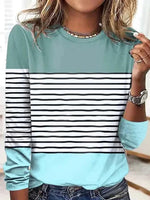 Casual Long Sleeve Crew Neck Striped Loose Regular T-Shirt