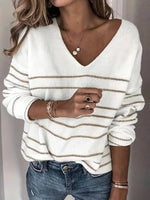 Casual Long Sleeve V Neck Striped Loose Regular Sweater