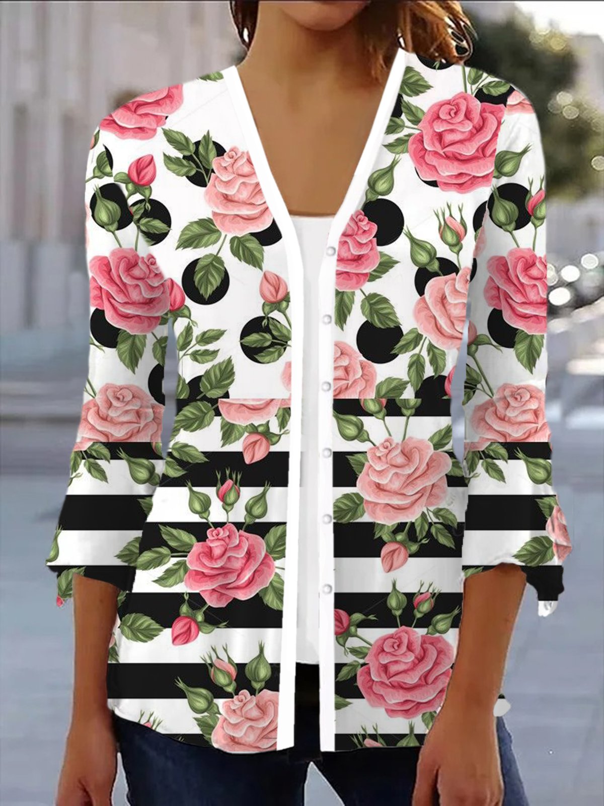 Loose V Neck Three Quarter Sleeve Floral Casual Regular Kimono