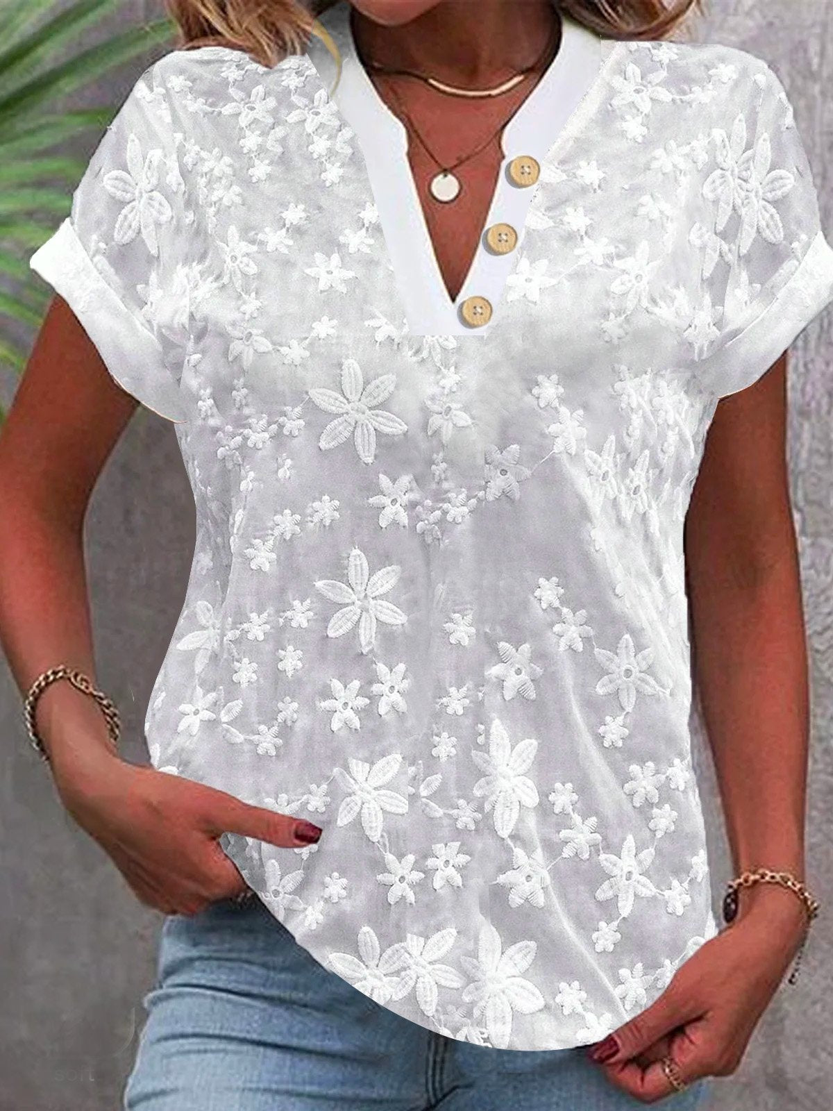 Simple Short Sleeve V Neck Plain Embroidery Loose Regular Blouse