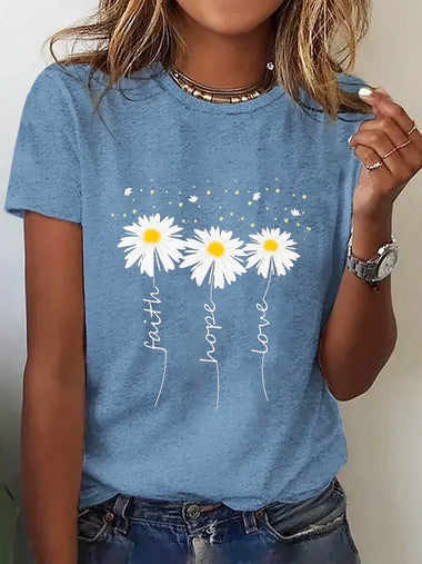 Loose Short Sleeve Crew Neck Floral Text Letters Casual Regular T-Shirt