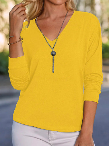 Loose Long Sleeve V Neck Plain Casual Regular T-Shirt