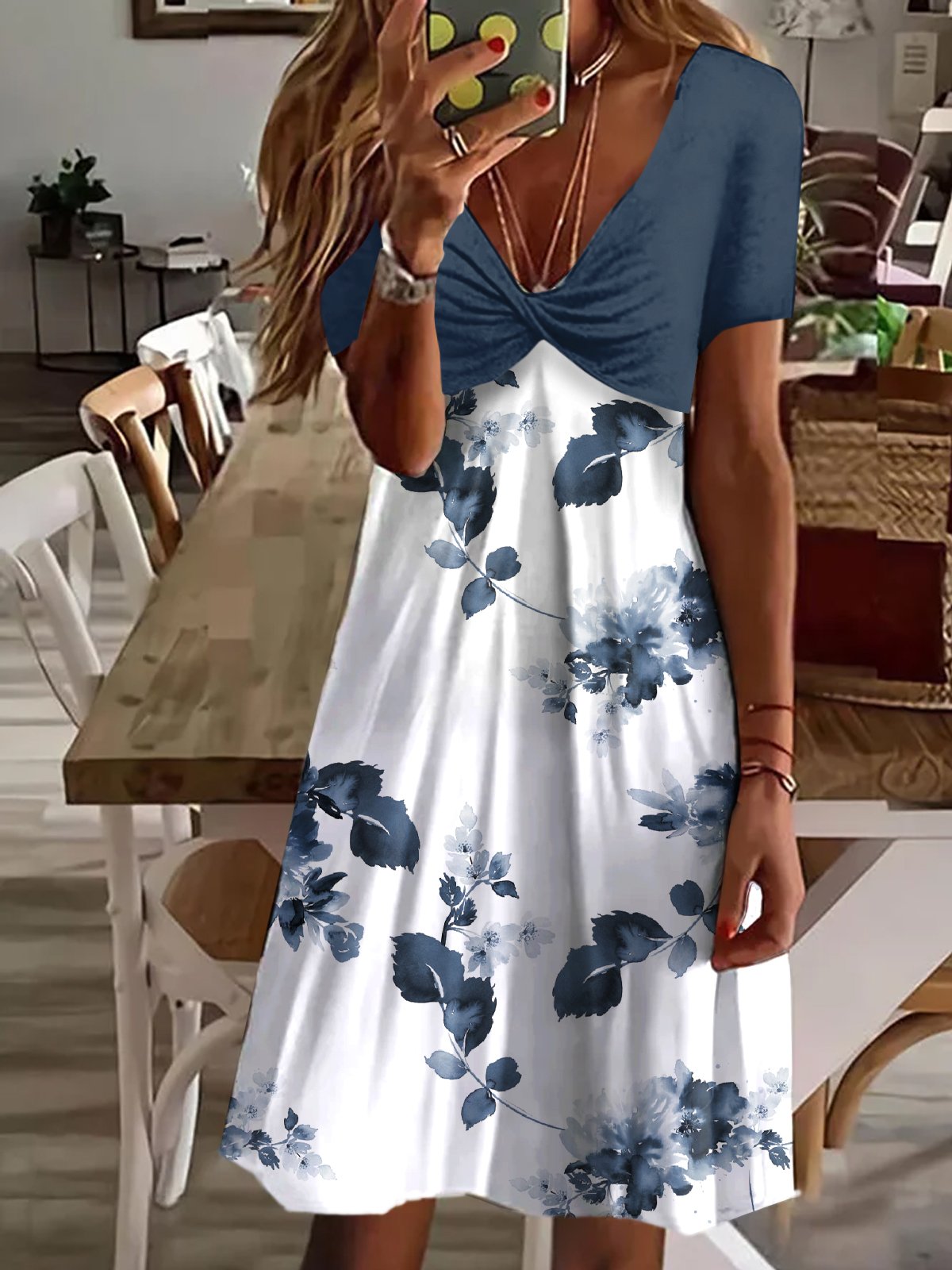 Casual Short Sleeve V Neck Floral Printing Loose Short Dress