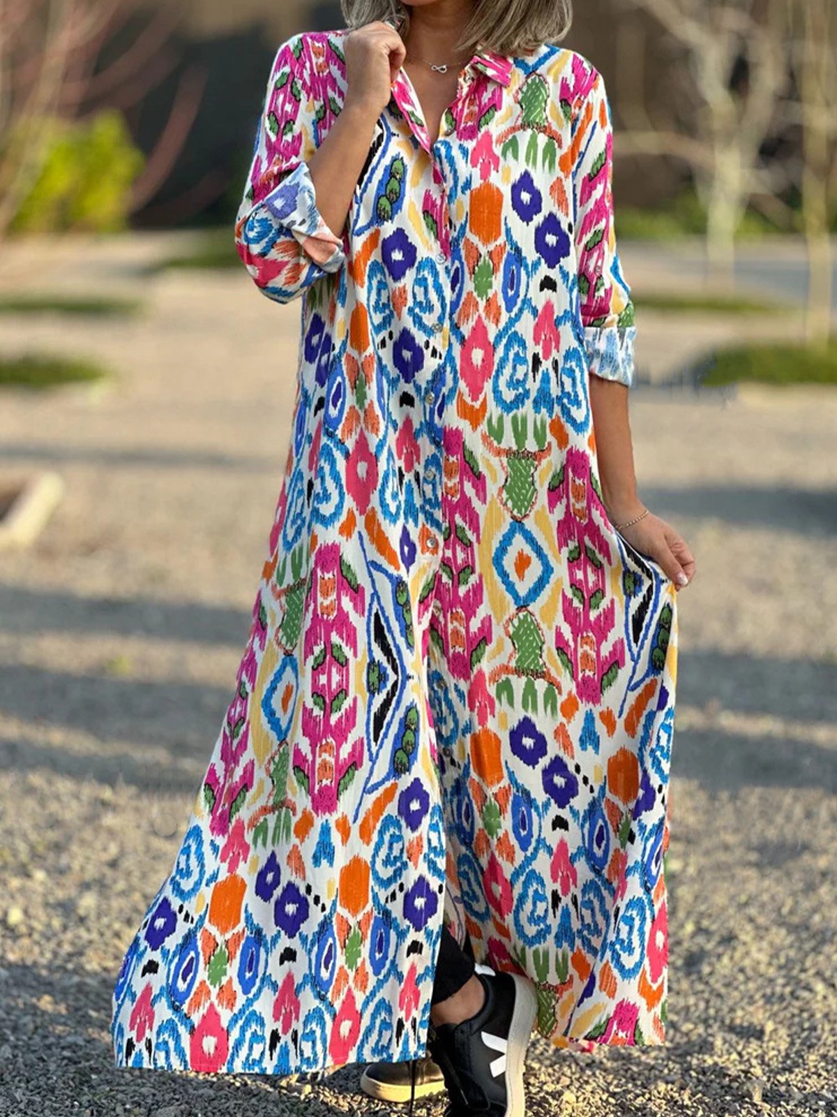 Casual Three Quarter Sleeve Shirt Collar Floral Ethnic Loose Maxi Dress