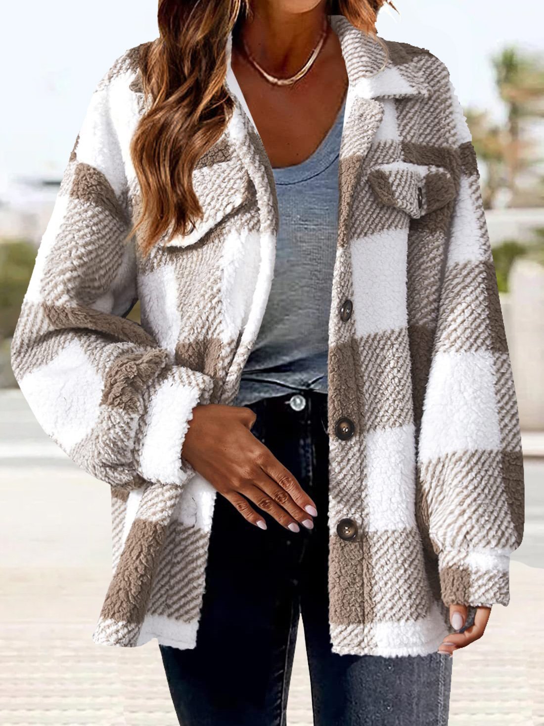 Loose Shawl Collar Long Sleeve Plaid Casual Regular Coat