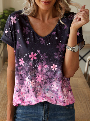 Short Sleeve V Neck Floral Casual Regular T-Shirt