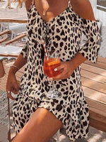 Vacation Half Sleeve V Neck Leopard Loose Short Dress