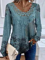 Casual Long Sleeve Ethnic Floral Loose Regular Blouse