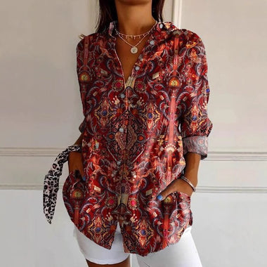 Loose Long Sleeve Shirt Collar Geometric Floral Casual Regular Shirt